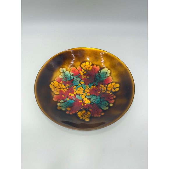 Enamel Over Copper Mid Century Signed Plate Blue Red Gold Round Dish Abstract - Picture 7 of 10